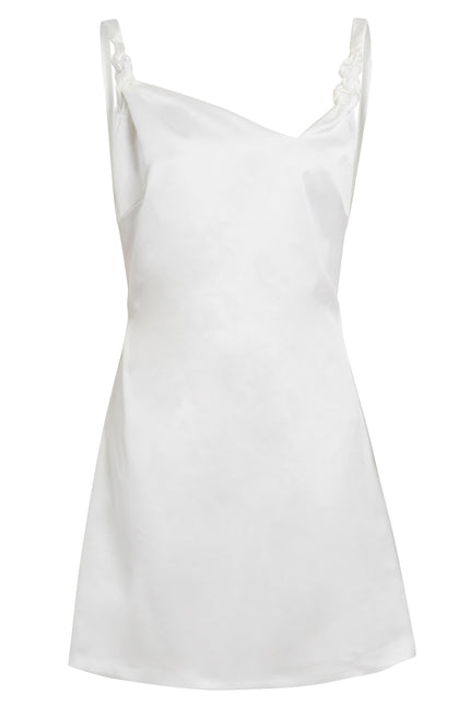 The Sarvin Ivory Satin A-Line Backless Mini Slip Dress, sleeveless with gathered shoulder straps, is showcased on a plain white background.