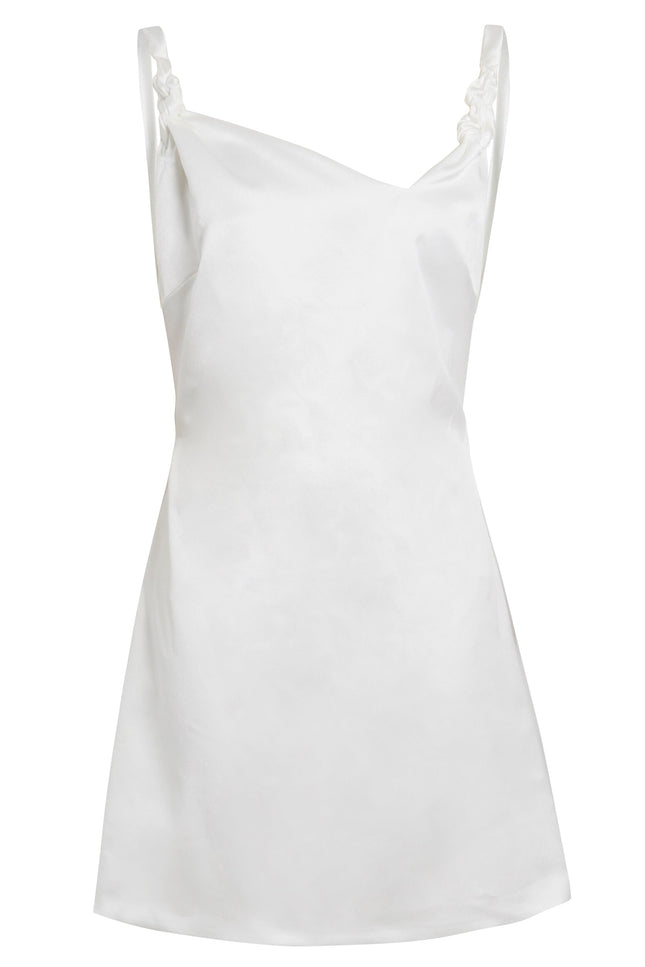 The Sarvin Ivory Satin A-Line Backless Mini Slip Dress, sleeveless with gathered shoulder straps, is showcased on a plain white background.