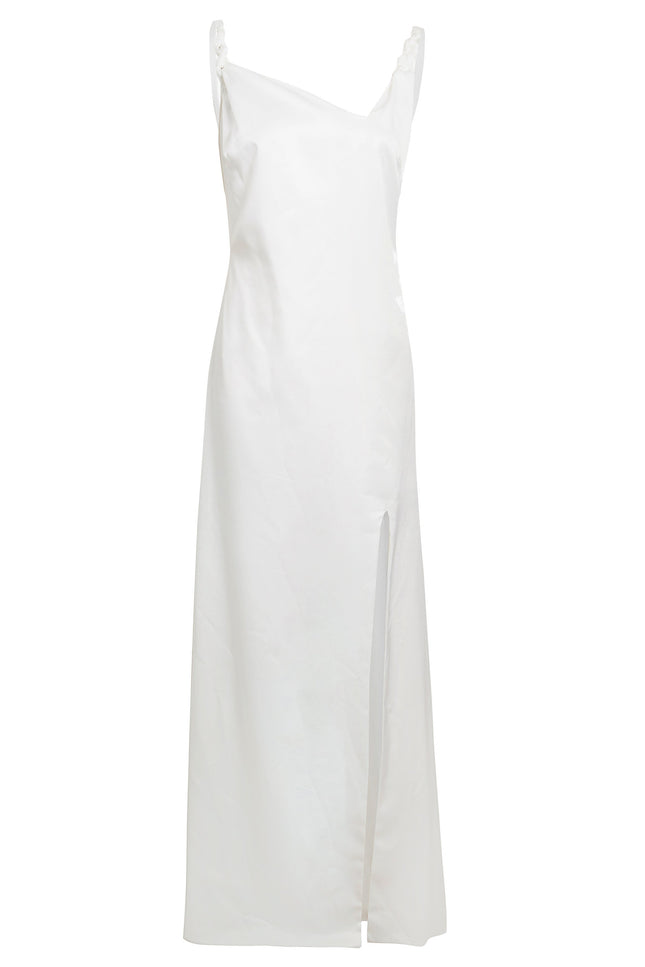 The Sarvin Ivory Satin Asymmetric Backless Maxi Dress features an asymmetric neckline, thin straps, thigh-high front slit, straight silhouette, sleeveless design, and elegant drape—perfect for evening occasions.