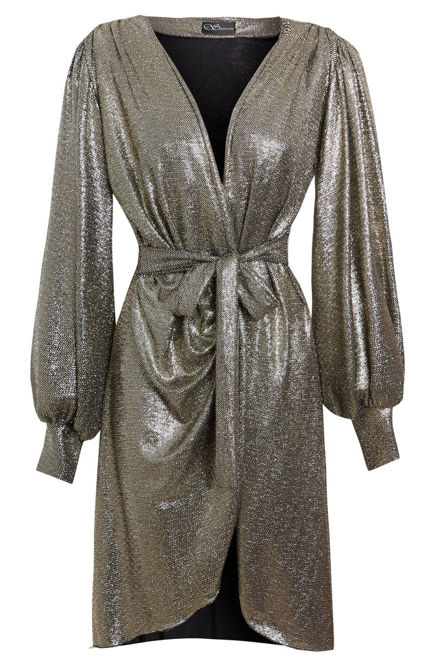 The Sarvin Long Sleeve Sequin Wrap Dress is a knee-length metallic silver evening dress featuring a deep V-neck, gathered waist with matching belt, draped front, subtle puffed sleeves, and shimmering textured fabric for a radiant look.