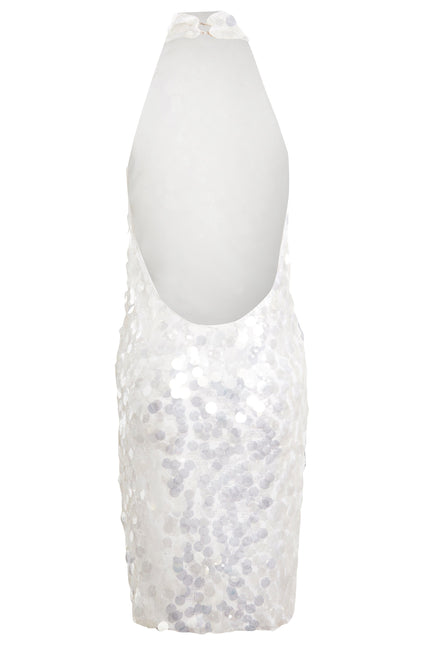 The Sarvin White Sequin Backless Mini Dress features a halter neckline and low open back, adorned with large round sequins for a shiny, textured look—perfect for parties.