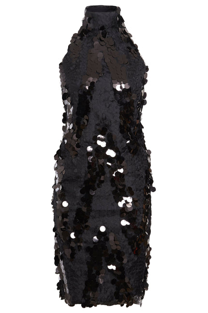 The Sarvin Black Backless Sequin Mini Dress features a sleeveless design, high neckline, and is adorned with large, shiny black sequins scattered throughout.