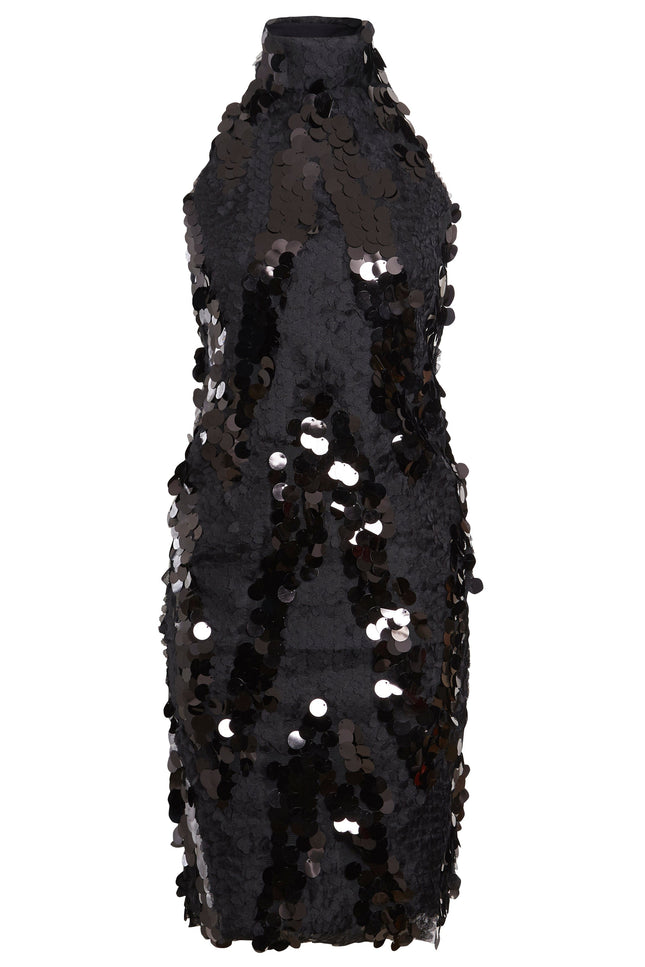 The Sarvin Black Backless Sequin Mini Dress features a sleeveless design, high neckline, and is adorned with large, shiny black sequins scattered throughout.
