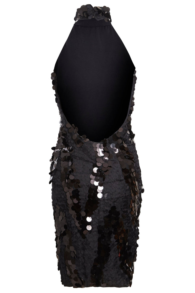 The Sarvin Black Backless Sequin Mini Dress features a halter neck, large sparkling sequins, and a low open back for a flattering silhouette that catches the light—perfect for any party.