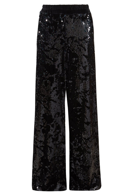 Sarvin Sequin Velvet Flared Trousers, handmade in the UK with an elastic waistband and shimmering black sequins, are showcased against a plain white background.
