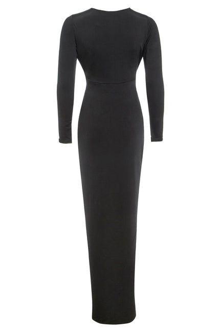 The Sarvin Black Knot Front Midi Dress features a sleek black design with a fitted waist and knot detail, offering an elegant look perfect for evening parties. The dress is midi-length with a smooth, minimalist finish shown from the back.