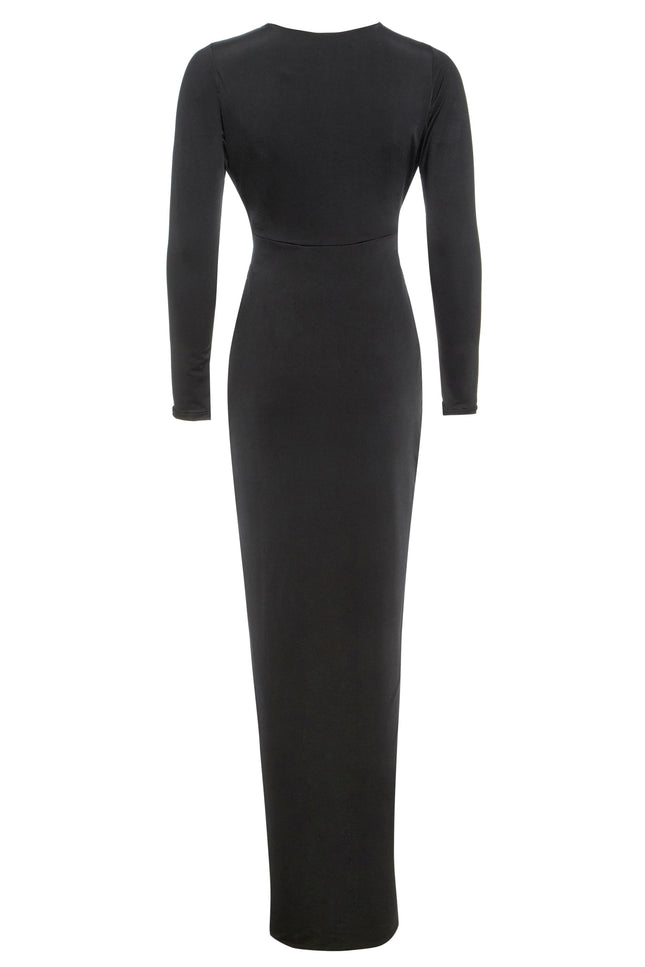 The Sarvin Black Knot Front Midi Dress features a sleek black design with a fitted waist and knot detail, offering an elegant look perfect for evening parties. The dress is midi-length with a smooth, minimalist finish shown from the back.