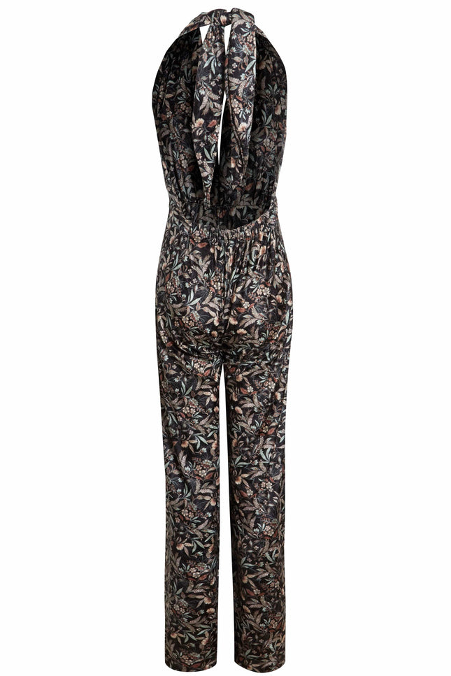 A Sarvin Floral Velvet Backless Jumpsuit on a white background.