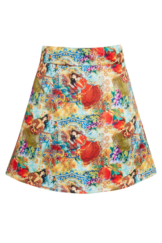 The Sarvin Persian Printed Mini Skirt features a colorful, artistic print of women in traditional attire with vibrant floral and decorative patterns on a multicolored background.