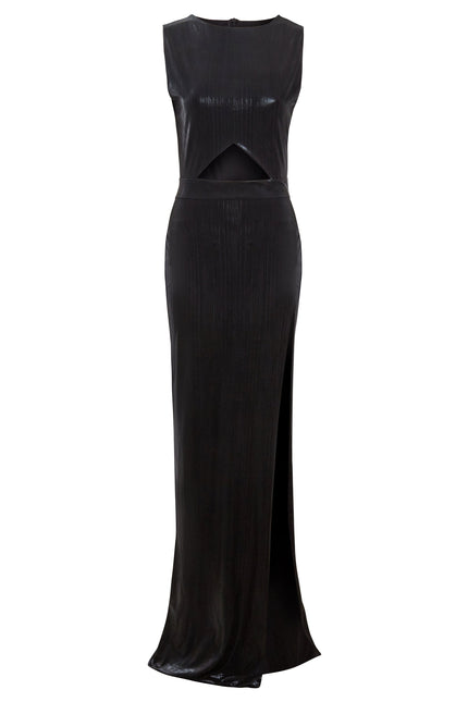 The Black Cut-Out Maxi Dress by Sarvin features a sleeveless design, high slit, and triangular waist cutout, crafted from sparkly fabric for a bold evening statement.