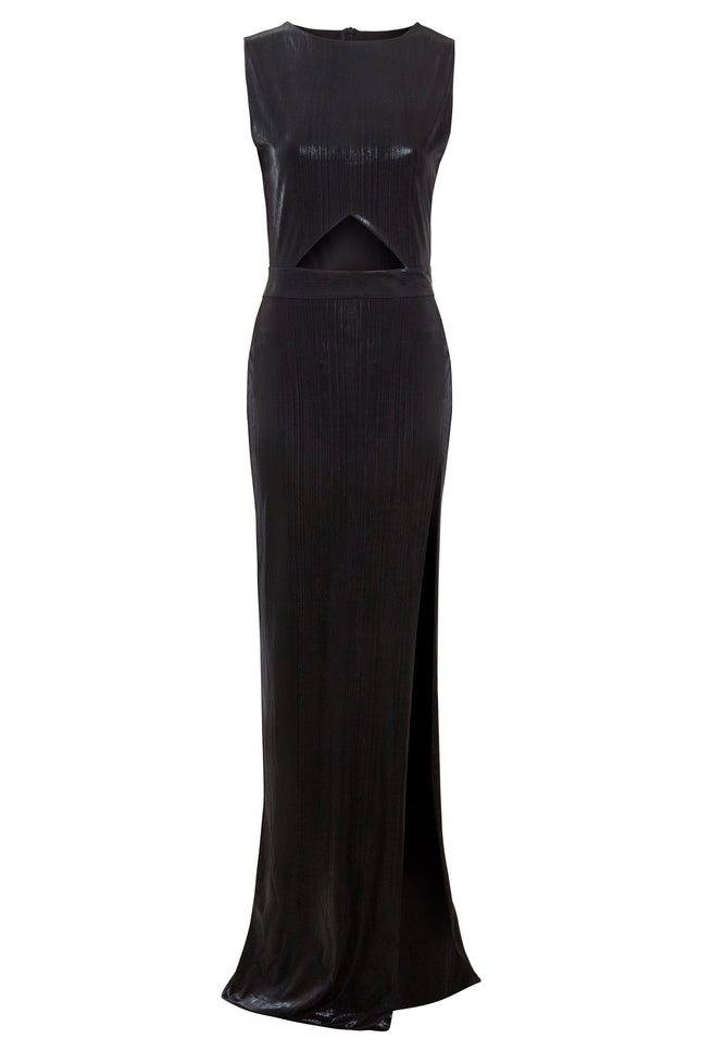 The Black Cut-Out Maxi Dress by Sarvin features a sleeveless design, high slit, and triangular waist cutout, crafted from sparkly fabric for a bold evening statement.
