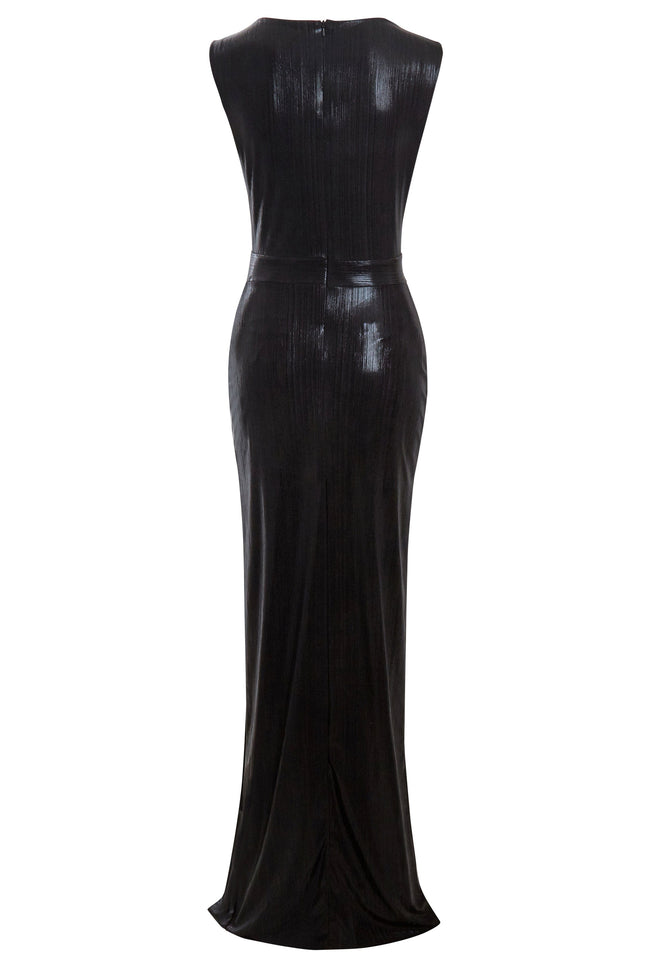 The Sarvin Black Cut-Out Maxi Dress is a sleeveless, floor-length gown with a subtle sheen, fitted at the waist and slightly flared at the hem, shown from the back.