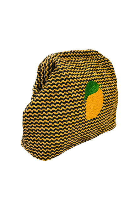 Lemon straw clutch pouch by Lilly Loves, showing side view with bright yellow lemon pattern and straw texture.