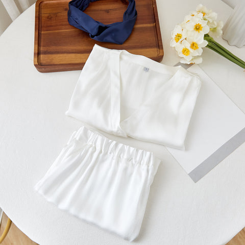 Soft Strokes Silk | Pearl White Soar Top and Shorts Pyjamas Set