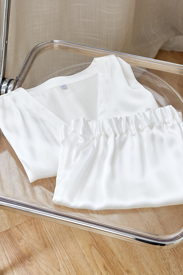 Soft Strokes Silk | Pearl White Soar Top and Shorts Pyjamas Set
