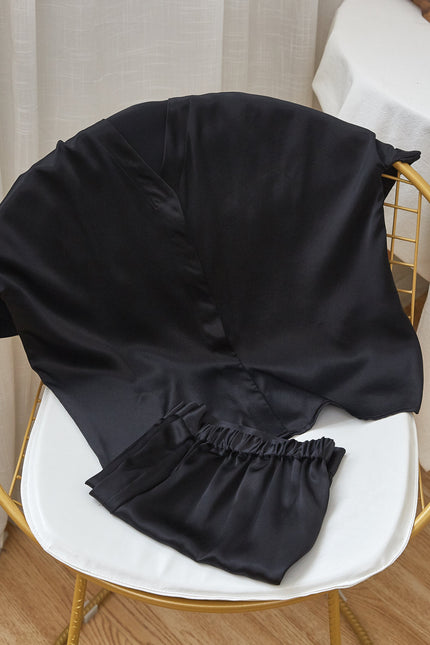 Soft Strokes Silk | Black Soar Top and Shorts Pyjamas Set
