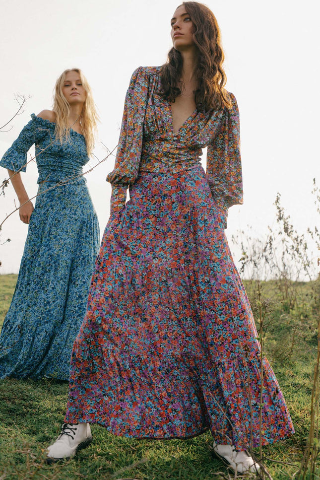 State Of Georgia I THE SKY HIGH WAISTED MAXI SKIRT - FLORAL EXPLOSION BLUE