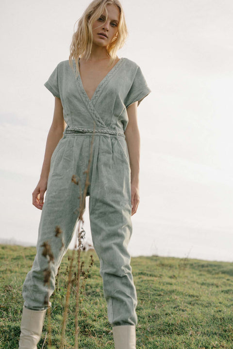 State Of Georgia I JANE SAYS  STONE WASHED JUMPSUIT - SAGE GREEN