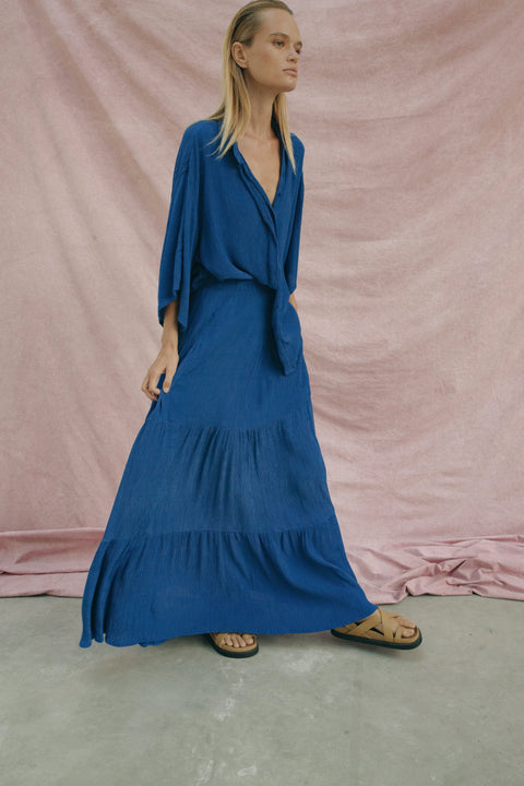 State Of Georgia I THE SKY HIGH WAISTED MAXI SKIRT - BLUE KRINKLE