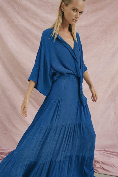 State Of Georgia I THE SKY HIGH WAISTED MAXI SKIRT - BLUE KRINKLE