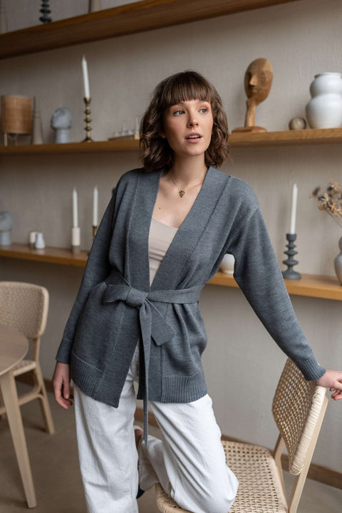 Monala | Merino Wool Cardigan with a Belt in Grey