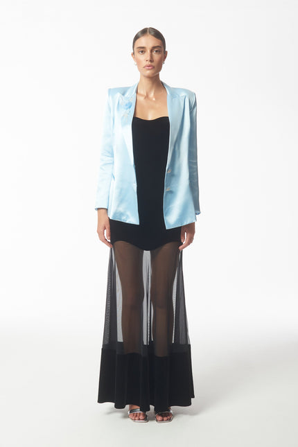 SOUR FIGS Floral Applique Crystal Embellished Satin Blazer Jacket in Baby Blue