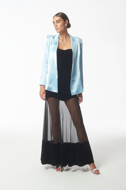 SOUR FIGS Floral Applique Crystal Embellished Satin Blazer Jacket in Baby Blue