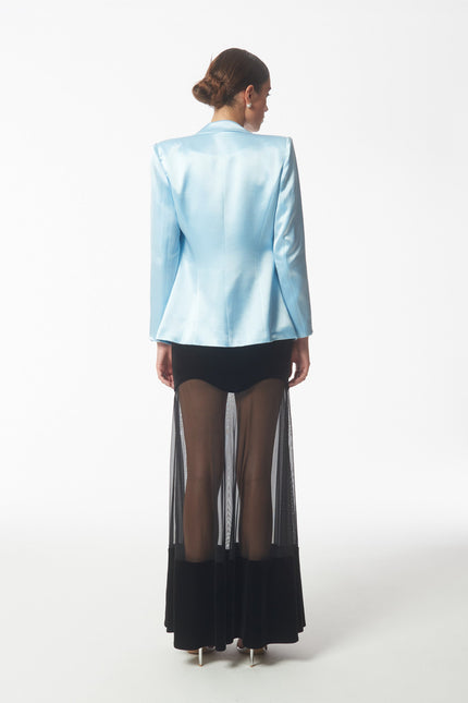 SOUR FIGS Floral Applique Crystal Embellished Satin Blazer Jacket in Baby Blue