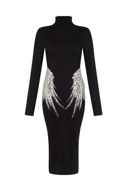SOUR FIGS Embellished Wing Detail Turtleneck Dress in Black