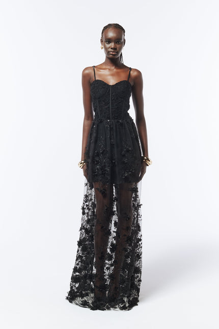 SOUR FIGS Floral Embellished Bustier Sheer Gown in Black