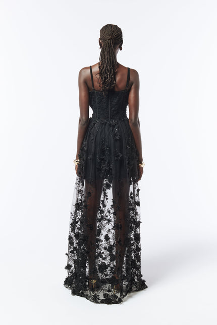 SOUR FIGS Floral Embellished Bustier Sheer Gown in Black