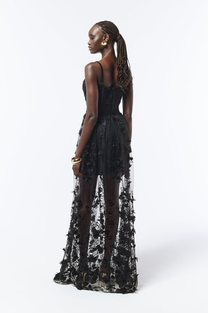 SOUR FIGS Floral Embellished Bustier Sheer Gown in Black