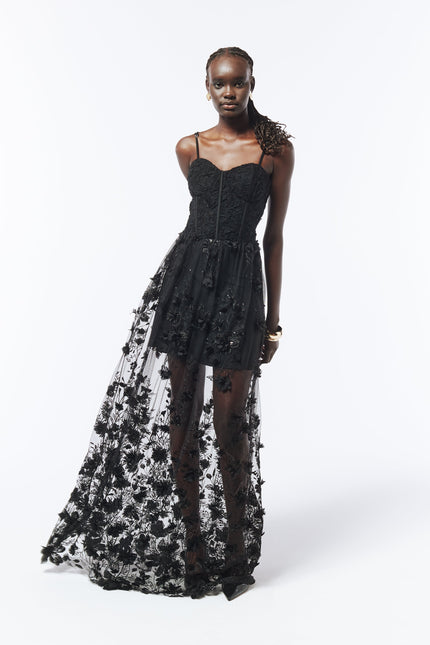 SOUR FIGS Floral Embellished Bustier Sheer Gown in Black