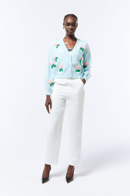 SOUR FIGS Flower Detail Knit Cardigan in Baby Blue