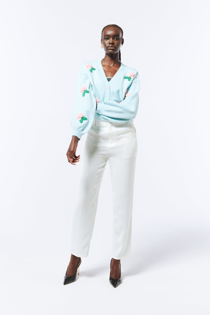 SOUR FIGS Flower Detail Knit Cardigan in Baby Blue