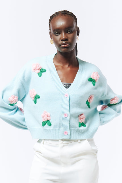 SOUR FIGS Flower Detail Knit Cardigan in Baby Blue
