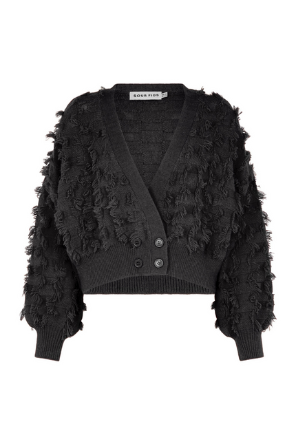 Fringed Checkerboard Cardigan in Black