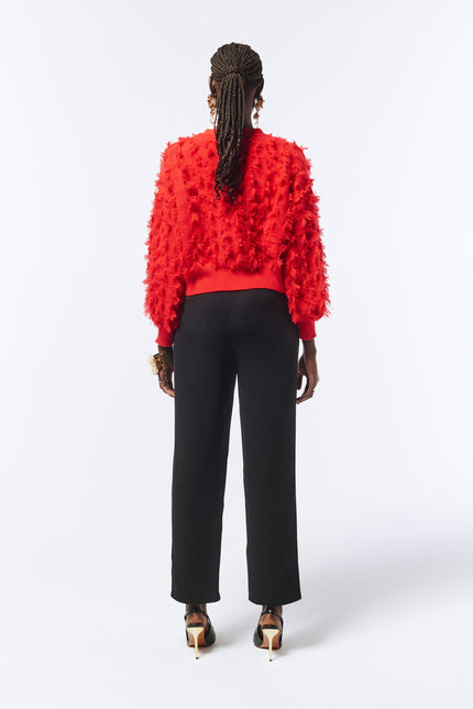 SOUR FIGS Fringed Checkerboard Cardigan in Lust Red