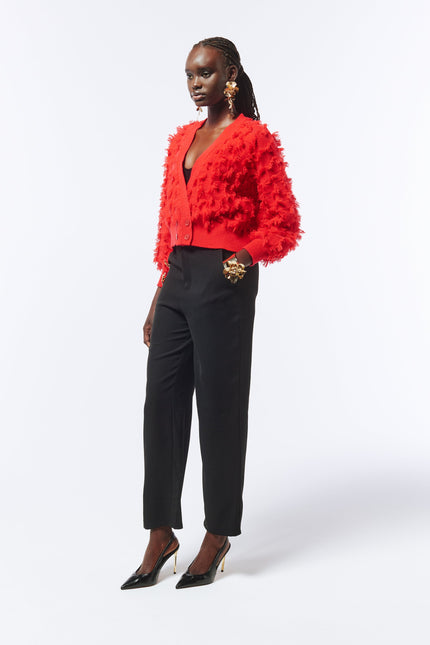 SOUR FIGS Fringed Checkerboard Cardigan in Lust Red