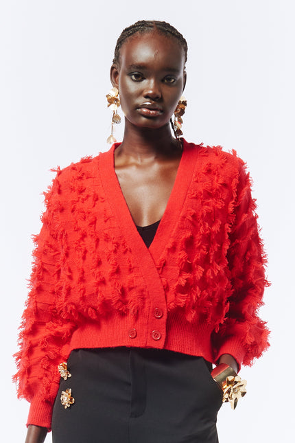 SOUR FIGS Fringed Checkerboard Cardigan in Lust Red