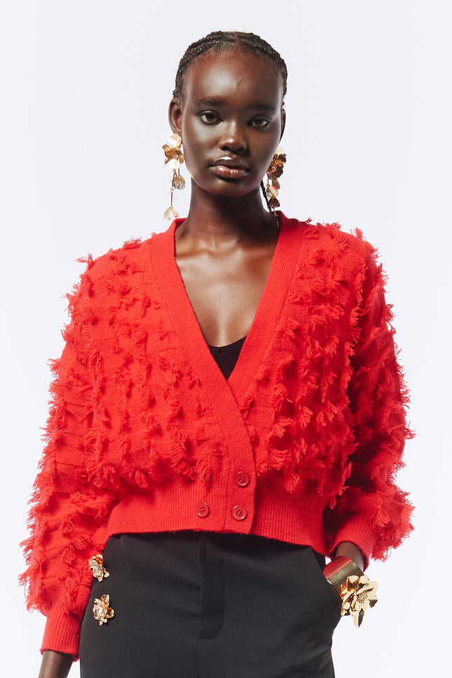 SOUR FIGS Fringed Checkerboard Cardigan in Lust Red