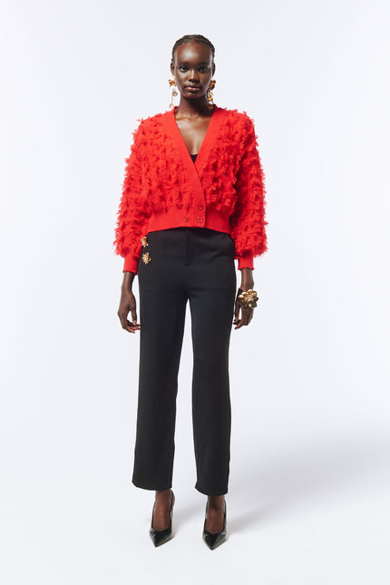 SOUR FIGS Fringed Checkerboard Cardigan in Lust Red
