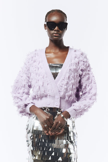 SOUR FIGS Fringed Checkerboard Cardigan in Wisteria Purple