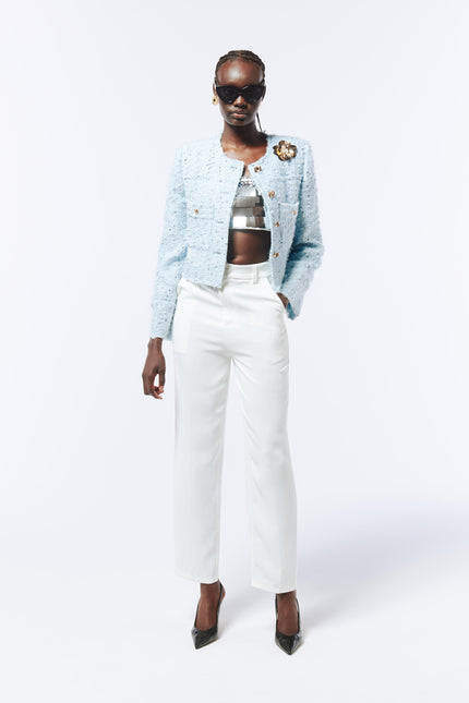 Sequined Brooch-detail Bouclé Tweed Jacket in Baby Blue