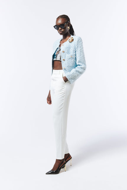 Sequined Brooch-detail Bouclé Tweed Jacket in Baby Blue