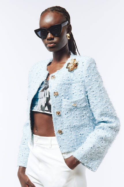 Sequined Brooch-detail Bouclé Tweed Jacket in Baby Blue