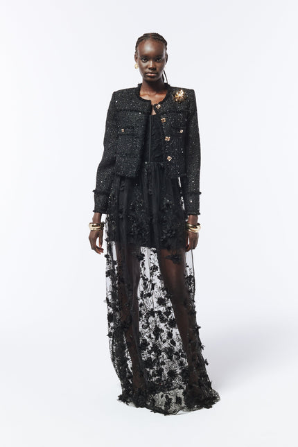 Sequined Brooch-detail Bouclé Tweed Jacket in Black