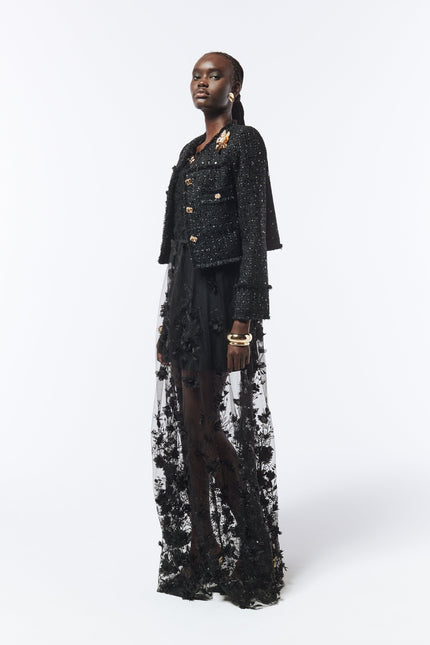 Sequined Brooch-detail Bouclé Tweed Jacket in Black