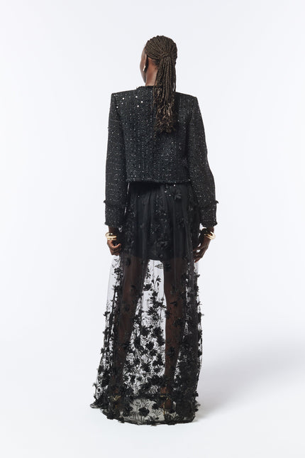 Sequined Brooch-detail Bouclé Tweed Jacket in Black