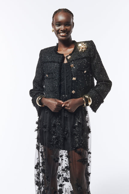 Sequined Brooch-detail Bouclé Tweed Jacket in Black